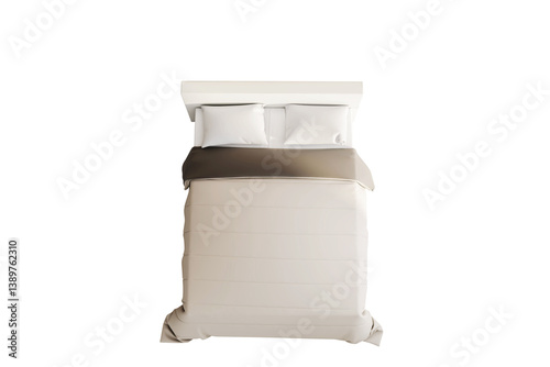 Obraz na płótnie Double bed with white pillows and beige blanket, clean style, isolated on white background, concept for bedroom layout or design element. 3D Rendering w salonie