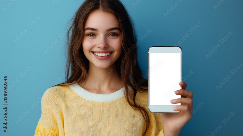 Smiling woman showing smartphone with blank screen on blue background