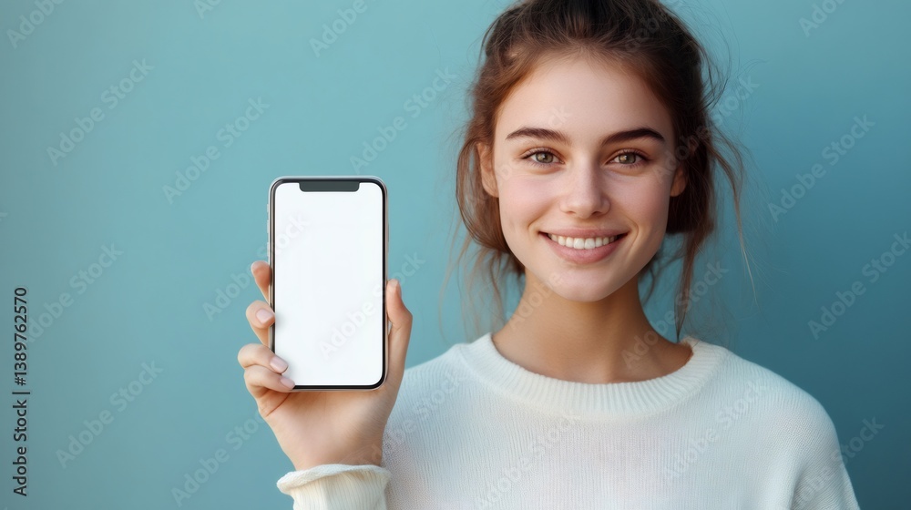 Smiling woman showing smartphone with blank white screen on turquoise background