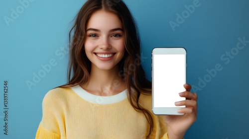 Obraz na płótnie Smiling woman showing smartphone with blank screen on blue background w salonie