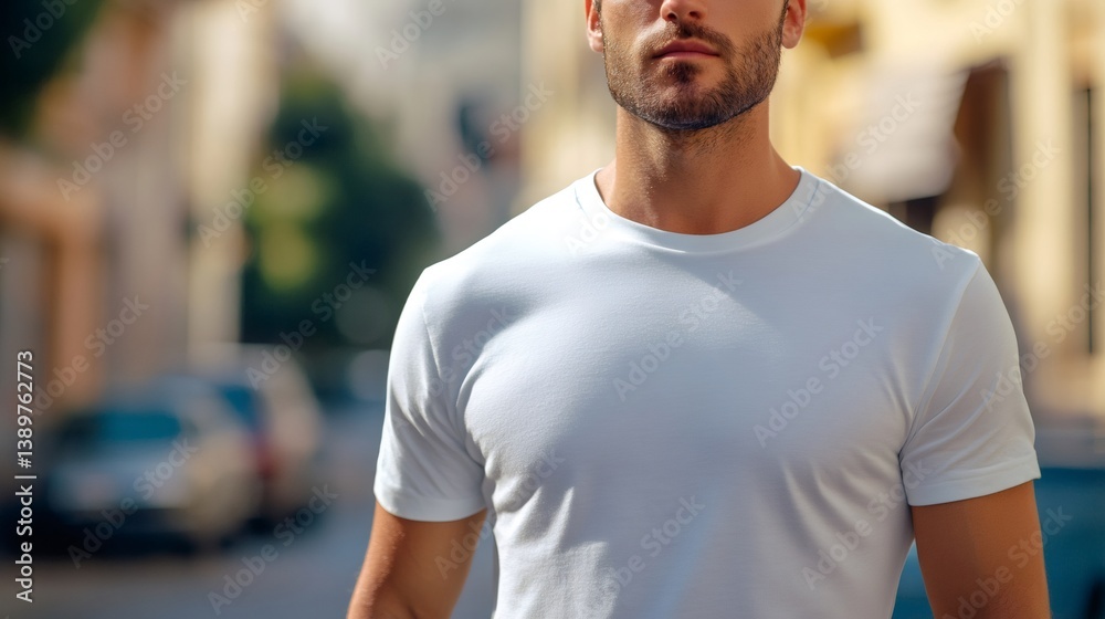 Man wearing white t shirt standing in city street