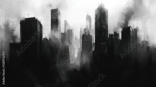 gritty noir cityscape with towering skyscrapers and shadowy street misty cold sin city charcoal digital painting