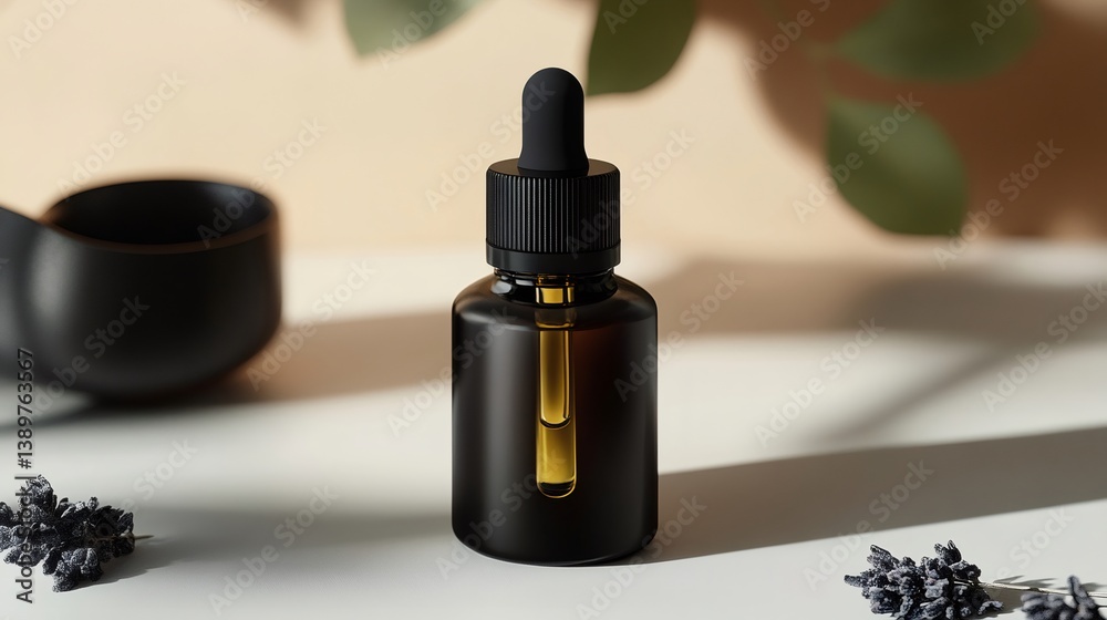Amber dropper bottle with essential oil and lavender flowers