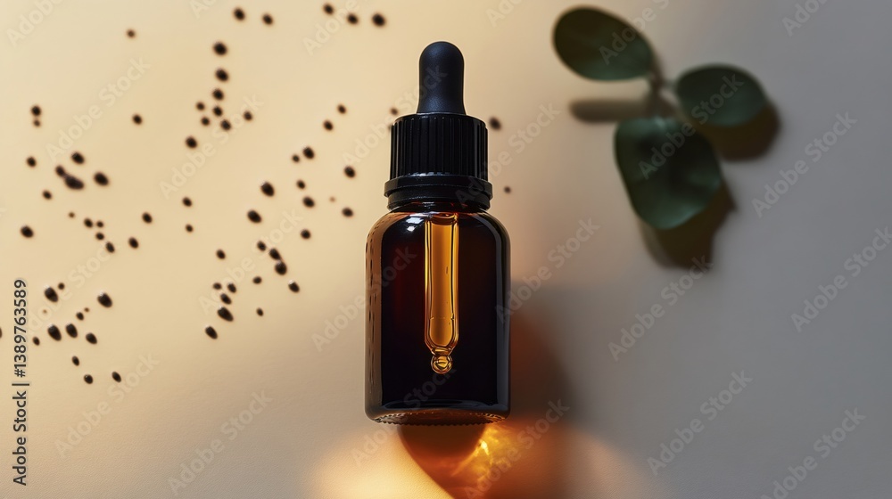 Amber dropper bottle with black seeds and green leaves casting shadows on beige background