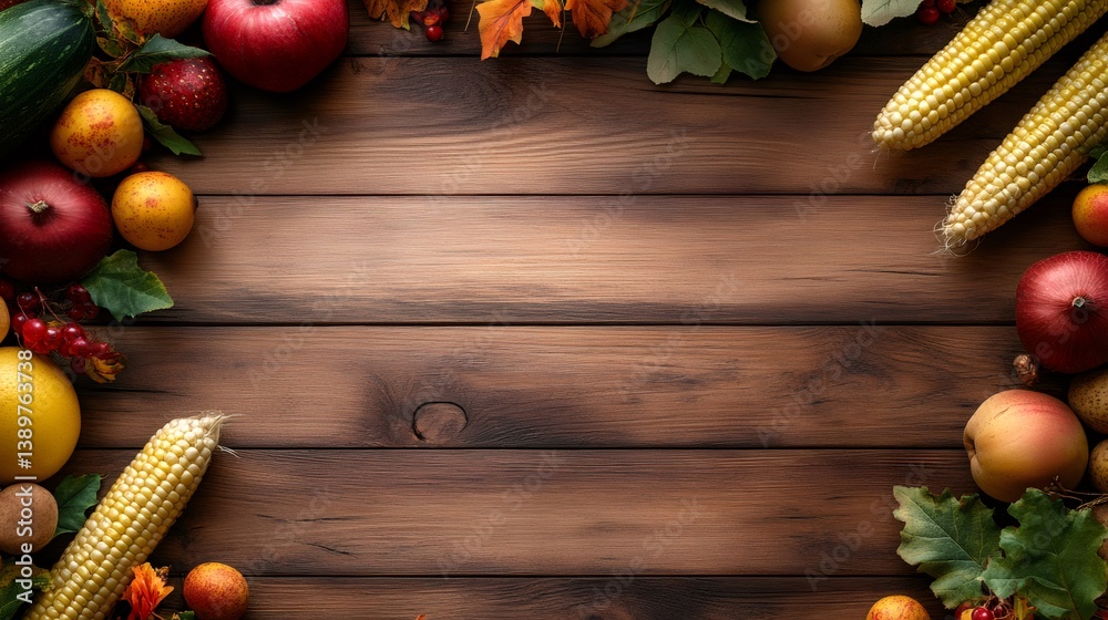 Thanksgiving autumnal background decorated with fruits and vegetables