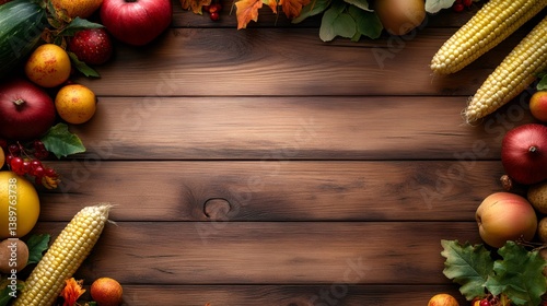 Obraz na płótnie Thanksgiving autumnal background decorated with fruits and vegetables w salonie