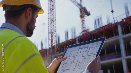 A construction engineer reviewing site plans on a tablet. Featuring precision and focus