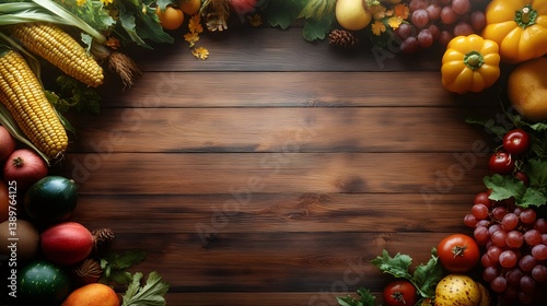 Obraz na płótnie Autumnal fruits and vegetables framing a rustic wooden table creating a thanksgiving background w salonie