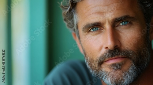 Obraz na płótnie Portrait of attractive mature man showing facial hair and blue eyes w salonie