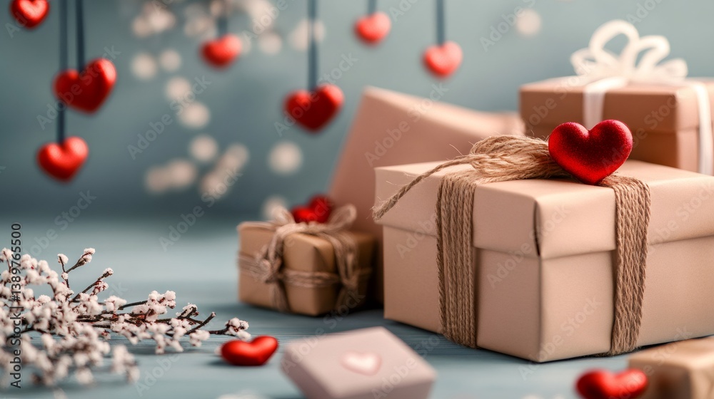 Valentine's day gift boxes decorated with red hearts and hanging hearts