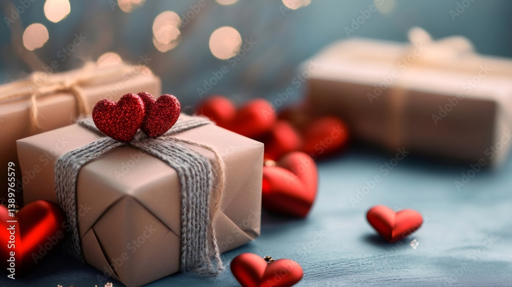 Romantic gifts decorated with two glitter red hearts and bokeh lights
