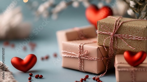 Valentine's day gift boxes decorated with red hearts and twine