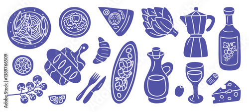 Hand-drawn Italian food silhouettes imitating ink pen linework. Includes pasta, pizza, wine, moka pot, cheese, and more. Great for menu design, packaging, or culinary branding.