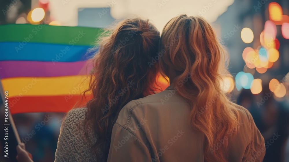 Two women showing support at gay pride parade holding rainbow flag