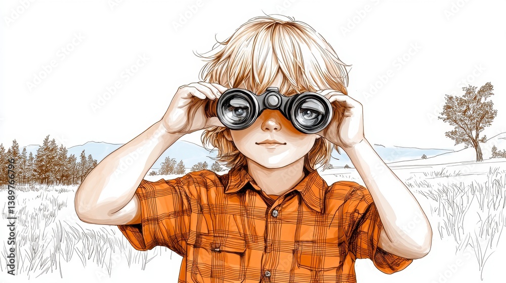 Blond Boy Uses Binoculars to Explore a Hazy Field Blond Boy Uses Binoculars to Explore a Hazy Field