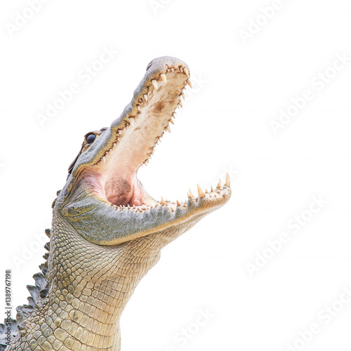 Close-up of a crocodile with its mouth wide open, showcasing sharp teeth and textured skin, isolated on a white background for a striking visual impact.
