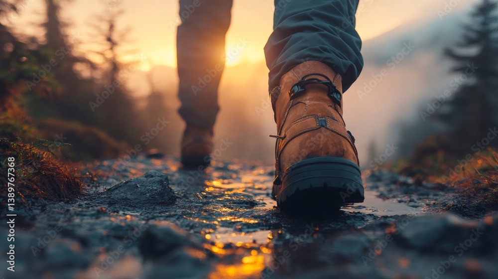 Hiker walking on muddy trail at sunset in the mountains