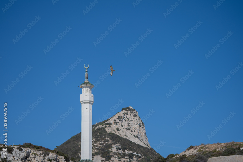 Ibrahim-al-Ibrahim Mosque and Bird in Gibraltar Against Blue Sky
