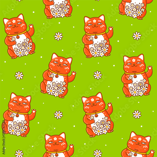 Seamless pattern with cute сartoon maneki neko on green  - funny asian background for Your kawaii design