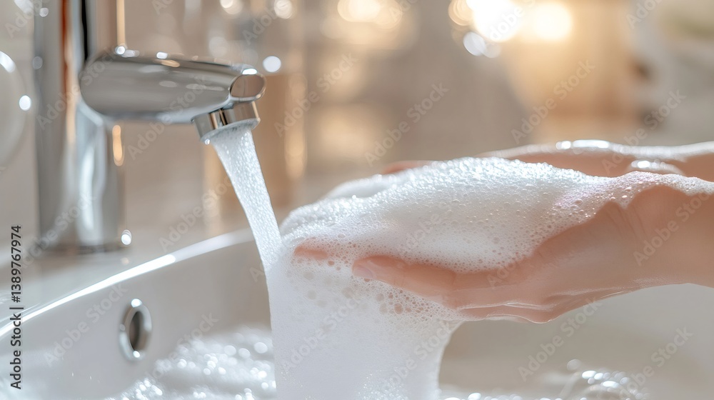 Woman washing hands with soap and water in bathroom sink