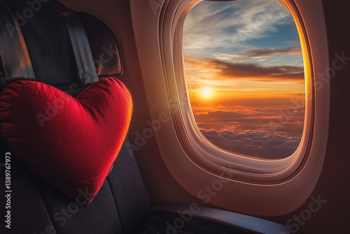 Romantic Flight Sunset View. Heart pillow on airplane seat with sunset view. Ideal for romantic travel or Valentine's promotions.
