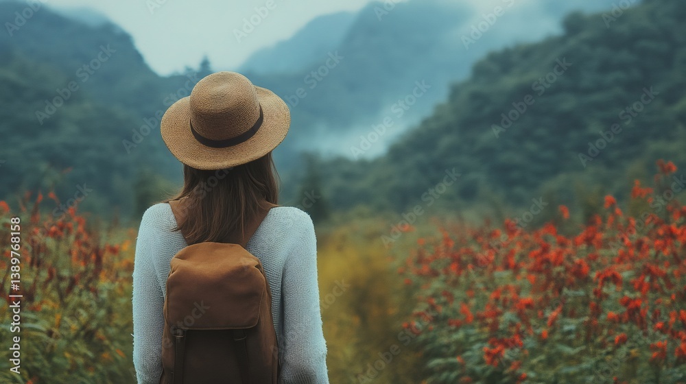 Tourist walking in beautiful flower field contemplating foggy mountains