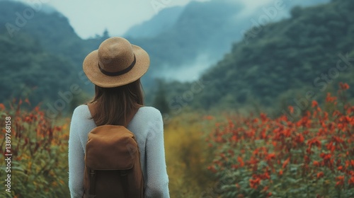 Obraz na płótnie Tourist walking in beautiful flower field contemplating foggy mountains w salonie
