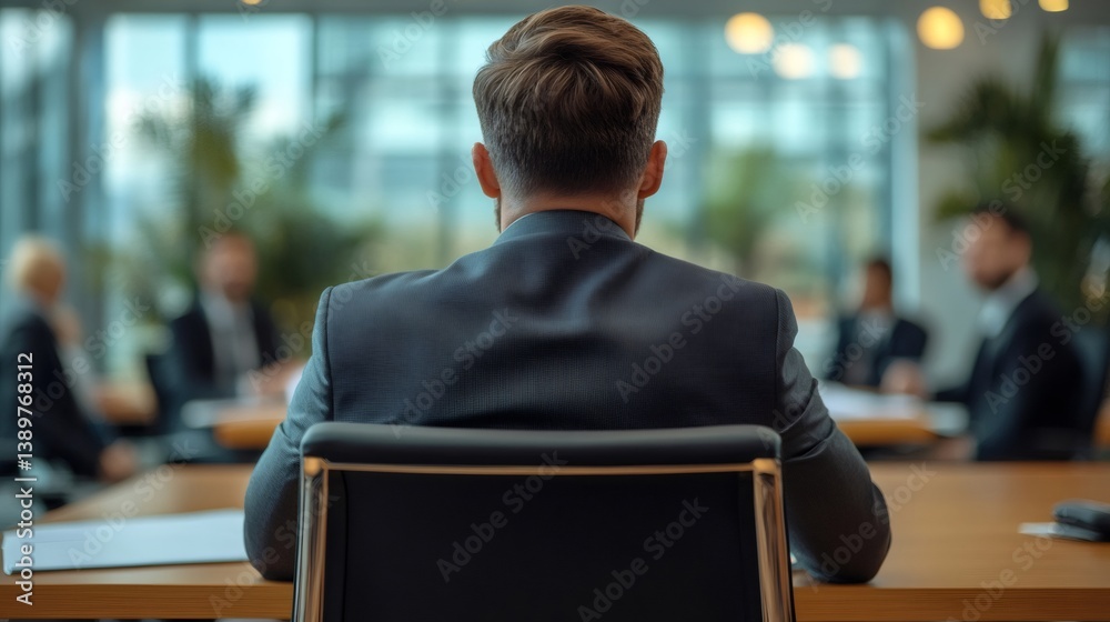Businessman sitting at head of table listening to colleagues in boardroom meeting