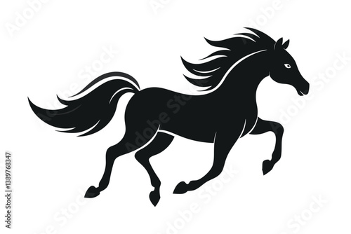 Black silhouette of a running horse with a flowing mane and tail in a vector illustration style.