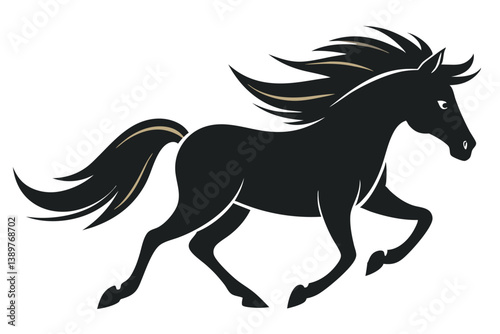 Black silhouette of a running horse with a flowing mane and tail in a vector illustration style.