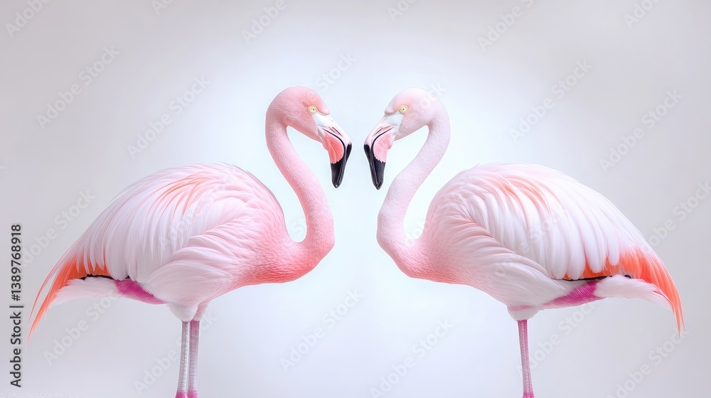 Fototapeta premium Two pink flamingos facing each other, forming a heart shape