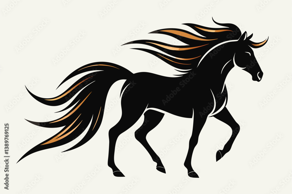 Black silhouette of a running horse with a flowing mane and tail in a vector illustration style. Black silhouette of a running horse with a flowing mane and tail in a vector illustration style.