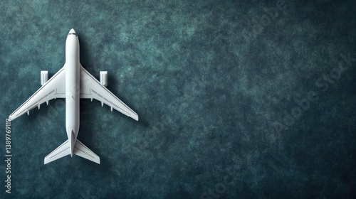 Overhead view of a white airplane model on a dark teal background