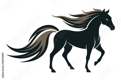 Black silhouette of a running horse with a flowing mane and tail in a vector illustration style.