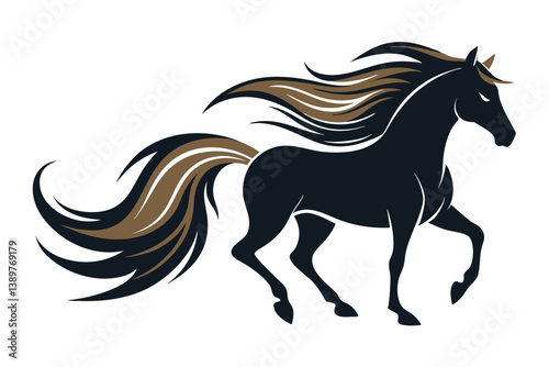 Black silhouette of a running horse with a flowing mane and tail in a vector illustration style.