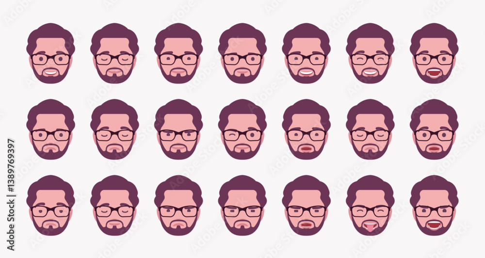 Modern businessman, male face business emotion set, consultant manager feelings bundle portrait icons, emotional states, eye gaze, facial expression pic, smiles, frowns, grimaces. Vector illustration Modern businessman, male face business emotion set, consultant manager feelings bundle portrait icons, emotional states, eye gaze, facial expression pic, smiles, frowns, grimaces. Vector illustration