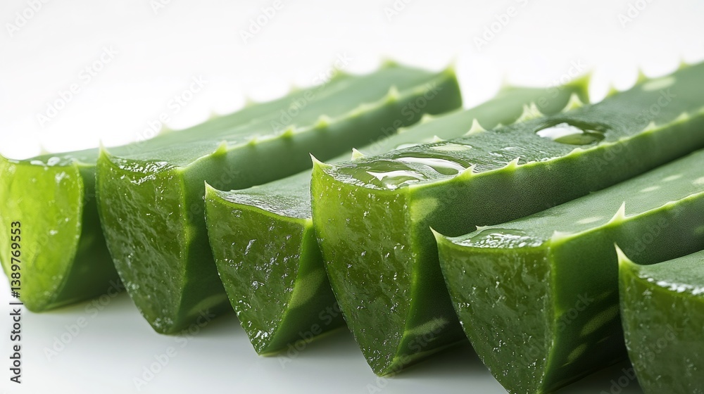 Fresh aloe vera slices showing soothing gel on white background