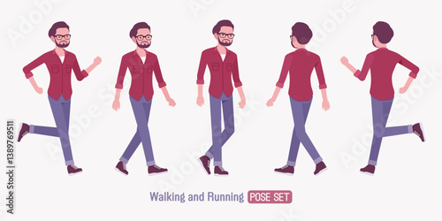 Modern businessman running pose set. Business casual outfit man in glasses, handsome male model, slim stylish jeans, comfortable office shirt for everyday wear. Vector flat style cartoon illustration