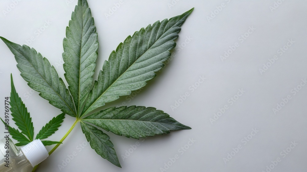 Medical cannabis leaves and cbd oil bottle on white background