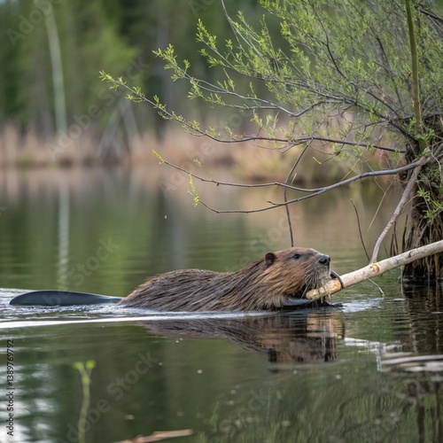 Beaver Swimming with Branch
