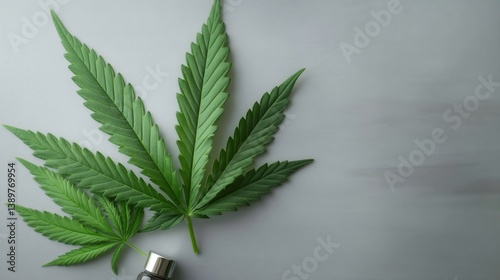 Cannabis leaves and cbd oil on gray background promoting natural wellness