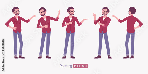 Modern businessman pointing pose set. Business casual outfit man in glasses, handsome male model, slim stylish jeans, comfortable office shirt for everyday wear. Vector flat style cartoon illustration