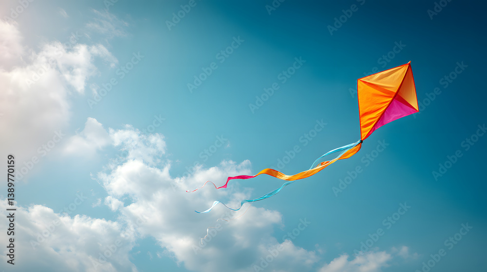 Colorful kite with a flowing tail soaring high in a clear blue sky. Colorful kite with a flowing tail soaring high in a clear blue sky.