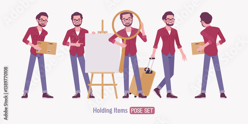 Modern businessman holding items pose set. Business casual outfit man, glasses, handsome male model, slim stylish jeans, comfortable office shirt, everyday wear. Vector flat style cartoon illustration