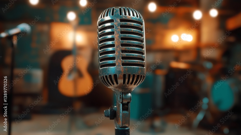 Vintage microphone stands ready for a performance in recording studio