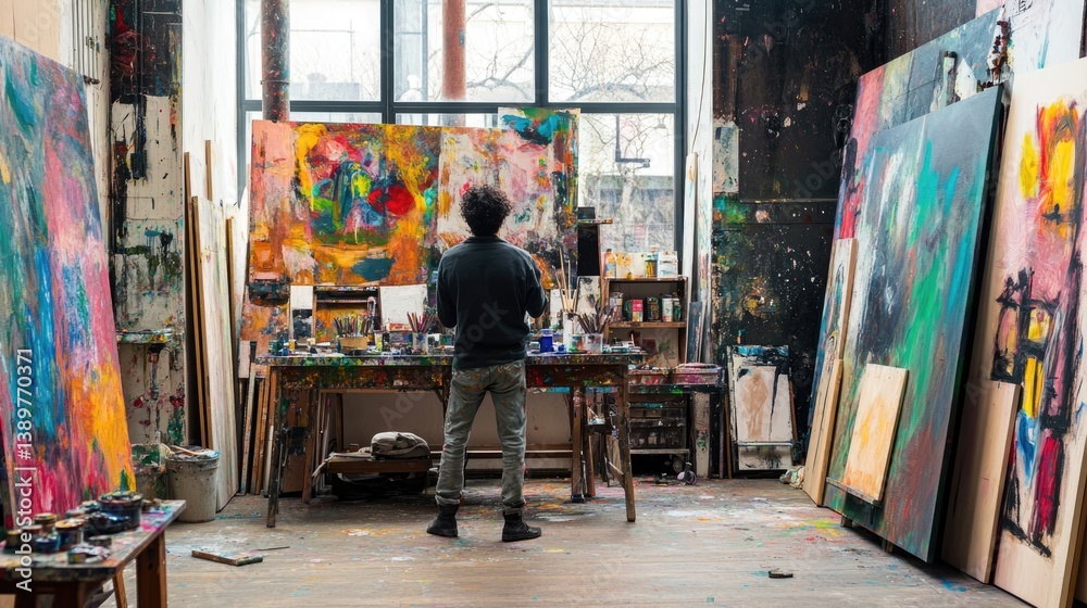Fototapeta premium Artist stands in a creative studio filled with colorful abstract paintings, surrounded by brushes and vibrant splatters of paint