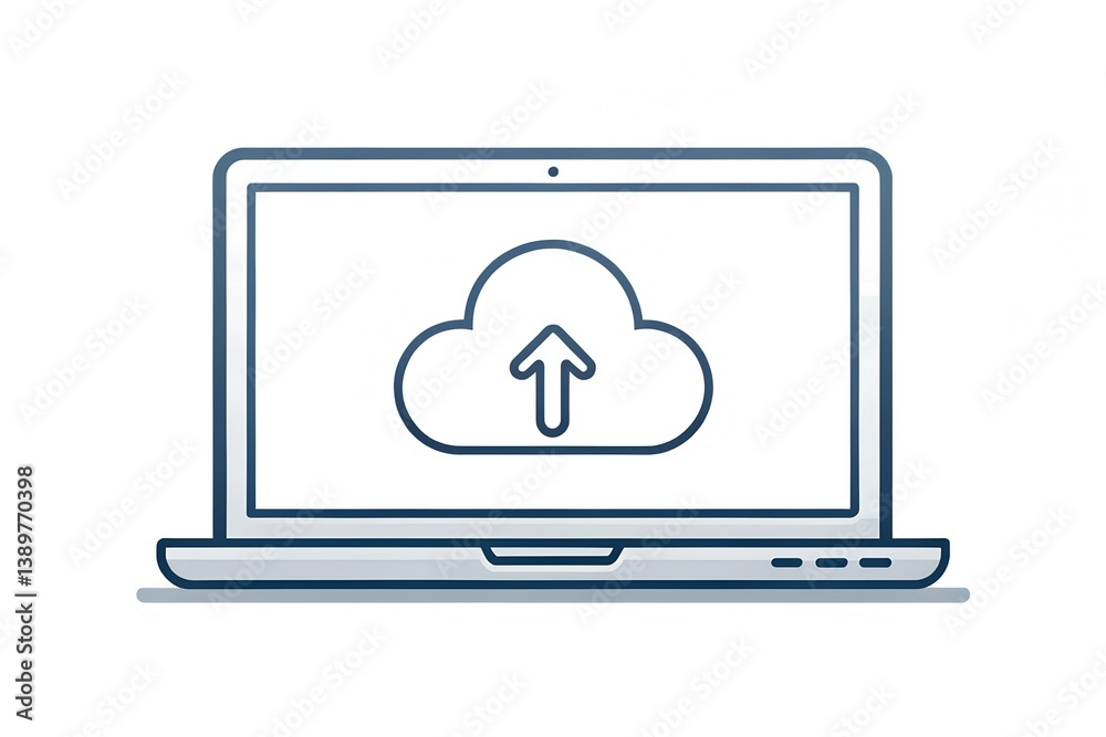 Outline Icon of Laptop Uploading to Cloud with Arrow and Symbols Outline Icon of Laptop Uploading to Cloud with Arrow and Symbols
