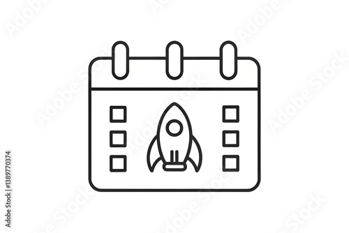 Outlined Calendar Icon with Rocket Launch on Marked Date – Photo realistic White Background