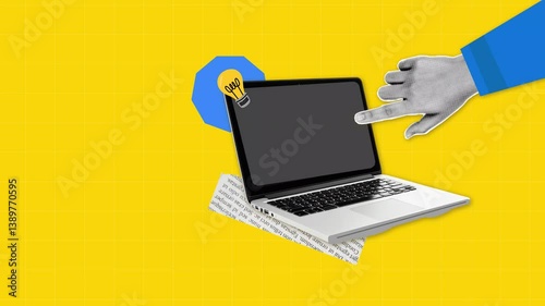 Hand and Laptop Collage Halftone on yellow background