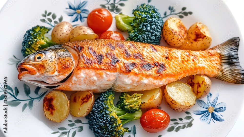Grilled salmon with roasted potatoes, broccoli, and cherry tomatoes on decorated plate